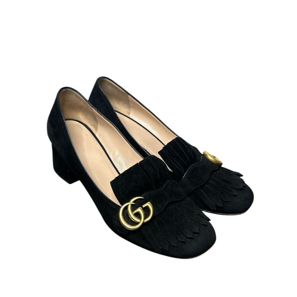 Gucci Marmont Fringe Block Heel Pumps Black Suede Double G Loafers Size 40.5